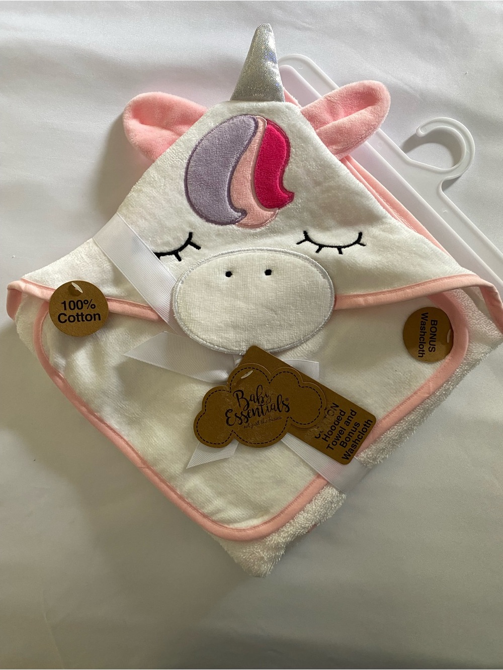 Baby Essentials Pink and White Unicorn Hooded Bib Towel